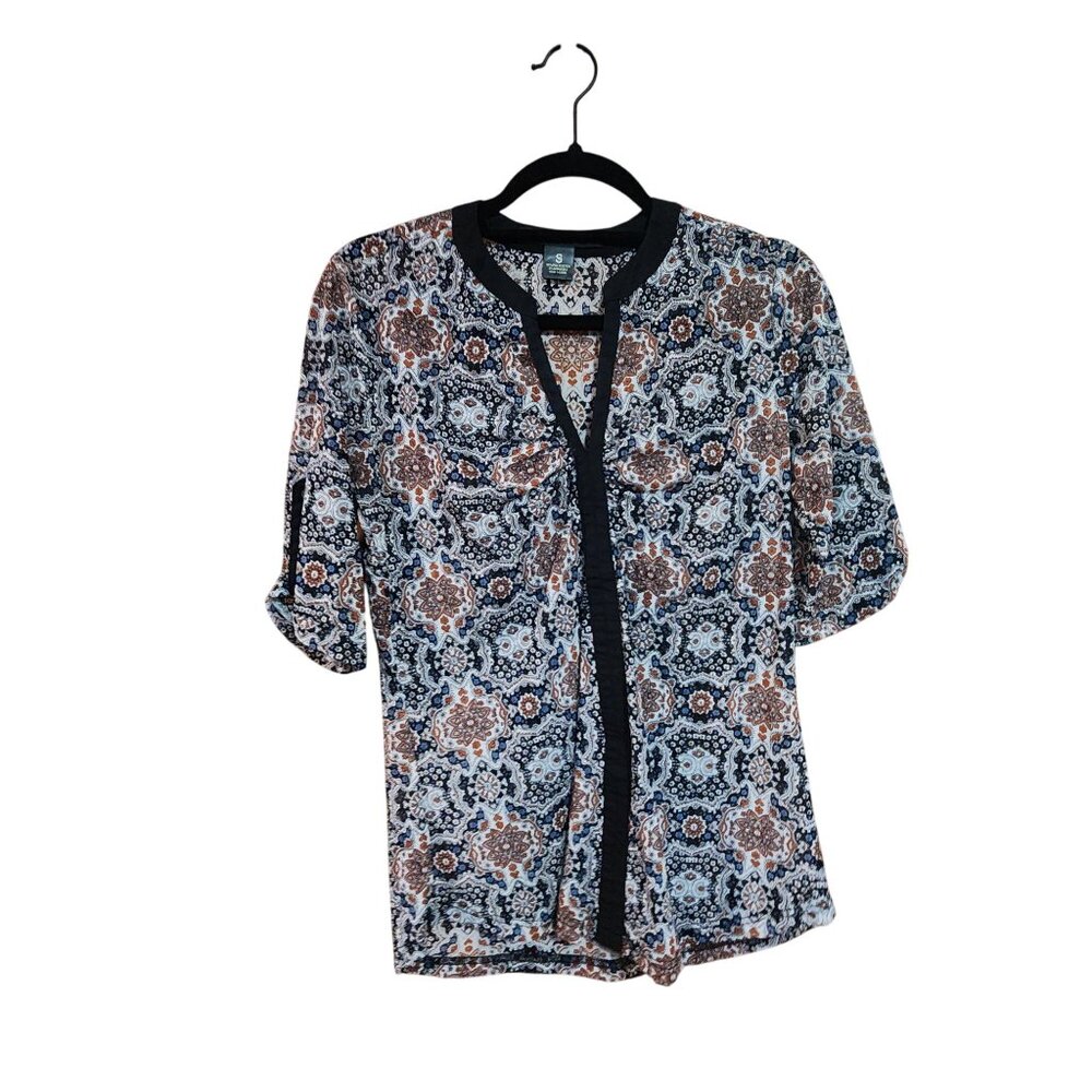 Amang NY Womens Patterned 3/4 Sleeve Blouse Size S Black/White/Orange